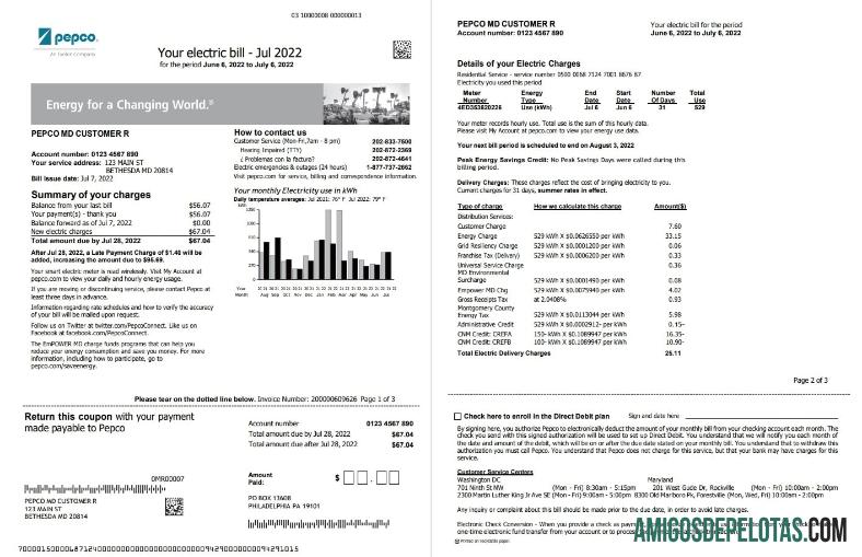 realista Conta de serviços públicos da Pepco nos EUA, Maryland, modelo Word e PDF, 3 páginas 1 2